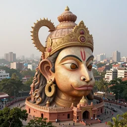 high quality 3 d dreamscape! mumbai with biomorphic hanuman!! head building, kalighat detailed, unreal engine cinematic smooth, stephen shore & john j. park, soft morning light, wide shot, high angle, uhd 8 k, deep focus