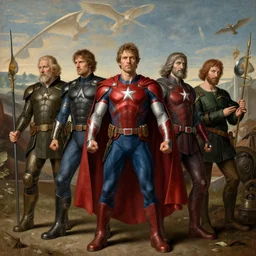 the avengers characters art by hieronymus bosh, triumph of death by pieter brueghel