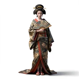 rugged geisha with fan, high detail digital art, full body, standing, isolated on a pure white background, centered, whole figure in frame, sharp focus, studio lighting