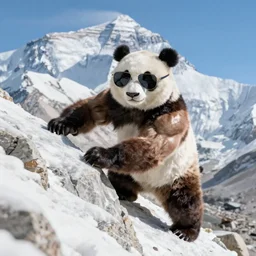 muscular panda in sunglasses climbs mount everest, realistic photo 8 k