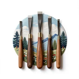 embroidered chisel set, professional product shot, isolated on a pure white background, centered, entire object in frame, sharp focus, soft studio lighting