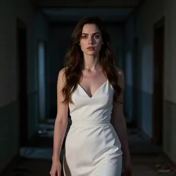 Midnight, dark Live Action Still of a woman in white is walking dark hallway in abandoned building at midnight, dark place, deep shadow, Close up, Front view, film still