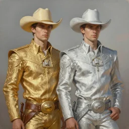 a dramatic ethereal epic painting of handsome cowboy twins | one is gold and one is silver | tarot card, art deco, art nouveau, (steampunk), homoerotic, realistic | by Mark Maggiori and ((((Alphonse Mucha))) | trending on artstation