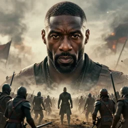close up cinematic artwork of Idris Elba staring down the enemy on the battlefield by Greg Rutkowski, 4k, masterpiece
