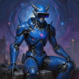 hi - tech version of blue demon seated by vrubel, with hi - tech singularity body interface. highly detailed fantasy science fiction painting. rich colors, high contrast. artstation