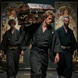 a photorealistic dramatic fantasy render of a handsome man carrying a rough looking casket and clasical japanese kimono by wlop, artgerm, greg rutkowski, alphonse mucha, beautiful dynamic dramatic dark moody lighting, shadows, cinematic atmosphere, artstation, concept design art, octane render, 8 k