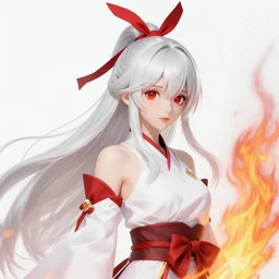 fujiwara no mokou, an immortal young tomboyish female phoenix fire pyromancer with red eyes and long flowing silver white hair tied topped with red bow, wearing white shirt under red suspenders and baggy red sashinuki hakama pants decorated with ofudas, 4 k digital illustration by ross tran, yoshitaka amano, artstation, cgsociety