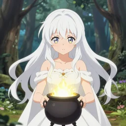 isekai enchanted forest cute bombshell anime witch with white floating hair, white dress. glowing cauldron, symmetrical face. symmetrical detailed defined eyes. beautiful lineart. bokeh pixiv # 1 ranking depth of focus, chromatic aberration, noise, soft lighting, srgb, 4 k, by rembrant, kuvshinov, and ross tran