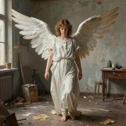 portrait painting of angel in a shabby room by peter mohrbacher, bright colors, unreal engine 5 highly rendered, global illumination, high definition, accurate focus, digital, artistic, detailed and intricate environment