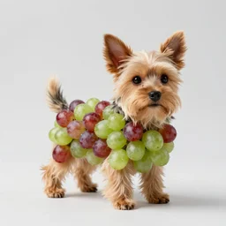 small terrier dog made out of red and green grapes