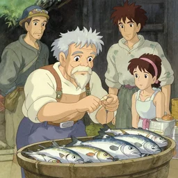 a wholesome animation key shot of an old man selling fish, studio ghibli, pixar and disney animation, sharp, disney concept art watercolor illustration by mandy jurgens and alphonse mucha and alena aenami, pastel color palette, dramatic lighting