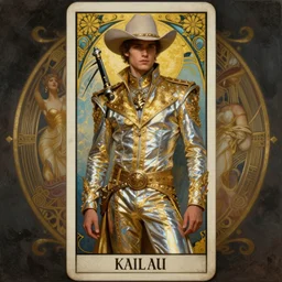 a dramatic ethereal epic symmetrical painting of a handsome! cowboy in a shimmering silvery!! (((golden))) outfit | tarot card, art deco, art nouveau,  (steampunk), homoerotic, realistic | by Dresden Codak, by Mark Maggiori and ((((Alphonse Mucha))) | trending on artstation