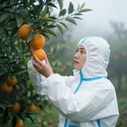 a closeup portrait of a woman wearing a hazmat suit, picking oranges from a tree in an orchard, foggy, moody, photograph, by vincent desiderio, canon eos c 3 0 0, ƒ 1. 8, 3 5 mm, 8 k, medium - format print