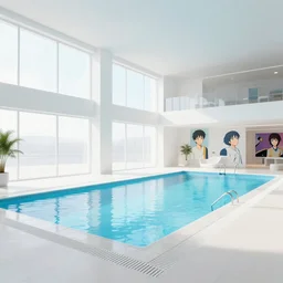 A clean white modern interior of an indoor pool with large windows, rendered by Beeple, Makoto Shinkai, syd meade, simon stålenhag, environment concept, synthwave style, digital art, unreal engine, WLOP, trending on artstation, low level, 4K UHD image, octane render,