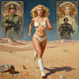 A mixed media portrait painting of a beautiful blonde woman running on a desert alien planet, soldier, very curvy, aesthetic! white style bikini-armor and boots, aesthetic symmetrical face and eyes, Scandinavian, by Boris Vallejo, Beeple, Frank Frazetta, Greg Rutkowski, Christian MacNevin, Alphonse Mucha, epic fantasy character art, high fantasy, CGsociety, 60's Sci-fi Pinup style, exquisite detail, post-processing, masterpiece, cinematic