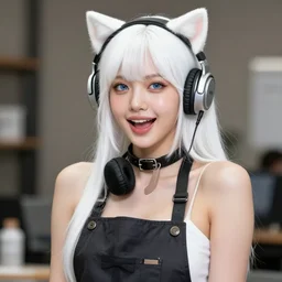 realistic detailed semirealism beautiful gorgeous buxom hot girl natural cute excited happy realistic Blackpink Lalisa Manoban white hair white cat ears blue eyes, wearing apron, headphones, black leather choker realistic artwork drawn full HD 4K high resolution quality artstyle professional artists WLOP, Aztodio, Taejune Kim, Guweiz, Pixiv, Instagram, Artstation