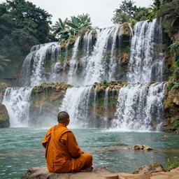 a simply breathtaking shot of mediating monk at pongour falls in dalat, 7 layers waterfall, photographer dang ngo