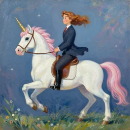 a painting of a lawyer riding an unicorn, a storybook illustration by Lisa Frank, featured on behance, magical realism, irridescent, storybook
