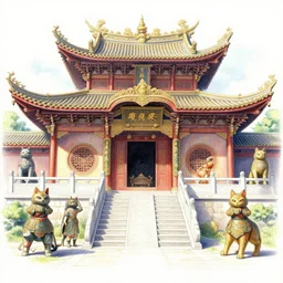 A beautiful temple in honor of ancient Feline warriors by John Berkey | sparth:.2 | Time white:.2 | Graphic Novel, Visual Novel, Colored Pencil, Comic Book:.3 | unreal engine:.5 | establishing shot