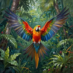 a beautiful realistic painting of a parrot in the jungle, spreading its wings, symetrical, vibrant colors, ayahuasca, visionary art style
