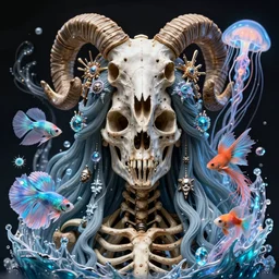 3 d goddess skeleton macro close - up portrait with crown made of ram skull. betta fish, jellyfish phoenix, bioluminiscent, plasma, ice, water, wind, creature, super intricate ornaments artwork by tooth wu and wlop and beeple and greg rutkowski