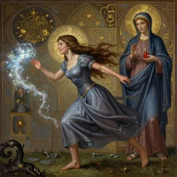 breathtaking detailed concept art painting of a smiling female sorceress chasing will-o-wisp , orthodox saint, ornate background