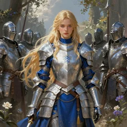 young blonde female warrior in heavy blue and white armor, surrounded by crowd of knights, epic wallpaper, wide shot, high fantasy, flowers and trees, intricate detail, digital painting, artstation, concept art, smooth, sharp focus, illustration, art by monia merlo and wlop and artgerm and craig mullins