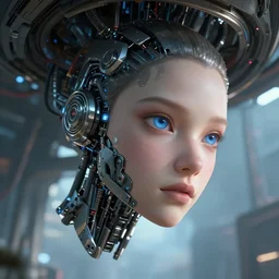 detached head of a cyborg girl hanging from the ceiling, cyberpunk, realistic detailed mechanical parts, blue eyes, beautiful face, beautiful texture, beautiful graphics, fantasy artwork, very beautiful scenery, hd, hdr, ue 5, ue 6, unreal engine 5, cinematic 4 k wallpaper, 8 k, ultra detailed