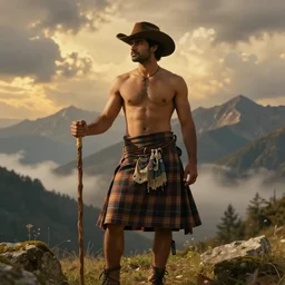 a dramatic epic beautiful painting of a handsome shirtless desi man in the mountains | he is wearing a plaid kilt and cowboy hat, and holding a walking stick | background is mountains! and clouds | dramatic lighting, golden hour, homoerotic | by mark maggiori and walter crane | trending on artstation