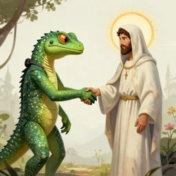 A lizard person shaking hands with a religious icon, concept art