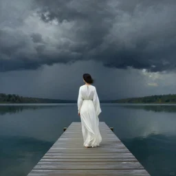 a beautiful woman in flowing white robes stands at the end of a long pier a mirror calm lake under an onimous sky under a stormy sky, beautiful matte painting, michael whelan, Moebius, frank frazetta, thomas kinkade, rodney mathews, trending on artstation