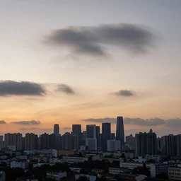 a long exposure photograph of clouds over a cityscape during sunset, wide angle, neutral density