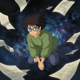 a shaggy black haired teen! with glasses and a olive colored sweater floating in the middle of the cosmos with papers floating around him by studio ghibli!, full body!!, dark lighting!, fetal position, trending on artstation