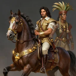 portrait of apex legends francisco pizarro mounting a badass horse, ecuadorian amazon in the background, intricate, elegant, glowing lights, highly detailed, digital painting, artstation, glamor pose, concept art, smooth, sharp focus, illustration, art by artgerm and greg rutkowski, artey freytag