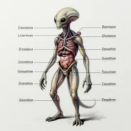 anatomical drawing of an alien creature, with organs labeled