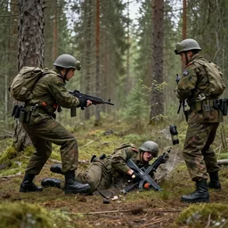 really funny accident in finnish army, most insane scene in the forest in the style of action movie by tony scott, people laughing in the woods, campfire and tents, comicbook art by stan lee