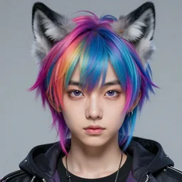 character concept art of a cute cyberpunk boy with colorful hair and wolf ears | | cute - fine - face, pretty face, key visual, realistic shaded perfect face, fine details by stanley artgerm lau, wlop, rossdraws, james jean, andrei riabovitchev, marc simonetti, and sakimichan, trending on artstation