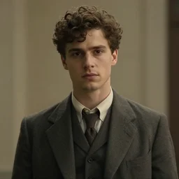 a young man of 2 8, with curly brown hair, wearing a plain suit, short hair, journalistic, looked gaunt, handsome, confident, and poorly shaven unreal render cinematic lighting art 1 9 2 0 period drama by bussiere rutkowski andreas rocha