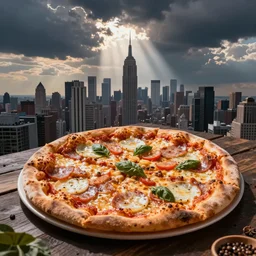 cityscape made of pizza