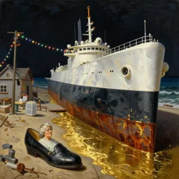 painting by dean cornwell, ilya repin, nc wyeth painting, ultra wide, vanishing point, 3 d perspective, colossal beached nuclear submarine skeleton, white machinery, old lady who lived in a shoe, nasa, liquid gold, gold leaf, up close, beaching, rust, midnight, junk town, makeshift house, colorful lightbulb festoon lights, telephone pole