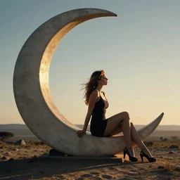 a pin up sitting on a stylized half moon, by milo manara