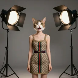 very excited catgirl in a gucci dress looking at the most amazing thing in the world, luxury materials, symmetrical, cinematic, elegant, professional studio light, real dlsr photography, sharp focus, 4 k, ultra hd, sense of awe, high fashion
