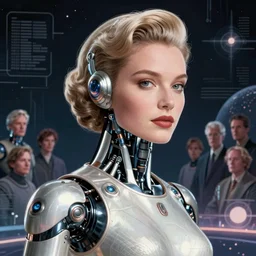 retrofuturistic portrait of a young grace kelly as a retro bionic humanoid, space graphics in background, quint buchholz, wlop, dan mumford, artgerm, liam brazier, peter mohrbacher, raw, featured on artstation, octane render, cinematic, elegant, intricate, 8 k