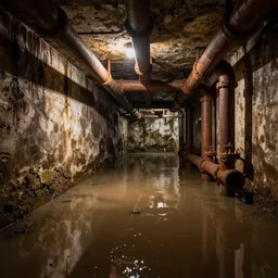 underground bunker, flooded, dirty water, rusty pipes