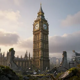 a destroyed clock tower in a destroyed London at sunrise, ruins, clouds in the sky, concept art, octane render, unreal engine 5, trending on Artstation, high quality, 8K, soft lighting, highly detailed, trending on DeviantArt, mossy, apocaliptic, serene landscape, beautiful, cgsociety