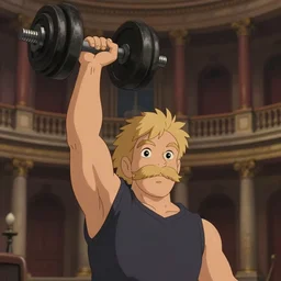animation still frame of an athletic blond man with a blond mustache, he lifts a big dumbbell high angle closeup portrait, blurry background of le grand theatre in bordeaux, disney, pixar, bloom, medium shot, dramatic lighting, in the style of studio ghibli, j. c. leyendecker, greg rutkowski, artgerm