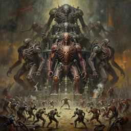 oil paint of 1 1 machines as flayed gods in tiers, colossal medical gangrene machines in tiers, dethroning / we machines / melee, battle pit, by shigeru komatsuzaki, wayne d barlowe, stefano tamburini, ember light, muted colors, epic, hyper detailed, awe inspiring, award winning horror, narrative lighting, hyper realism, cinematic