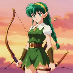 elf woman with green hair in a braid posing with a bow and quiver against a sunset background, 90s anime style