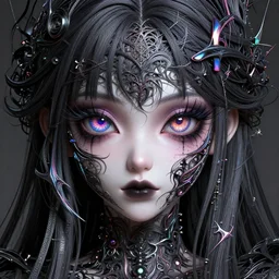 portrait of funny anime eyes goth princess, intricate abstract. intricate artwork, by tooth wu, wlop, beeple, dan mumford. concept art, octane render, trending on artstation, greg rutkowski very coherent symmetrical artwork. cinematic, key art, hyper realism, high detail, octane render, 8 k, iridescent accents