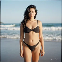 a photo of a woman, curvy, on a beach, 3 5 mm fujichrome astia 1 0 0 f film, 2 0 0 5,